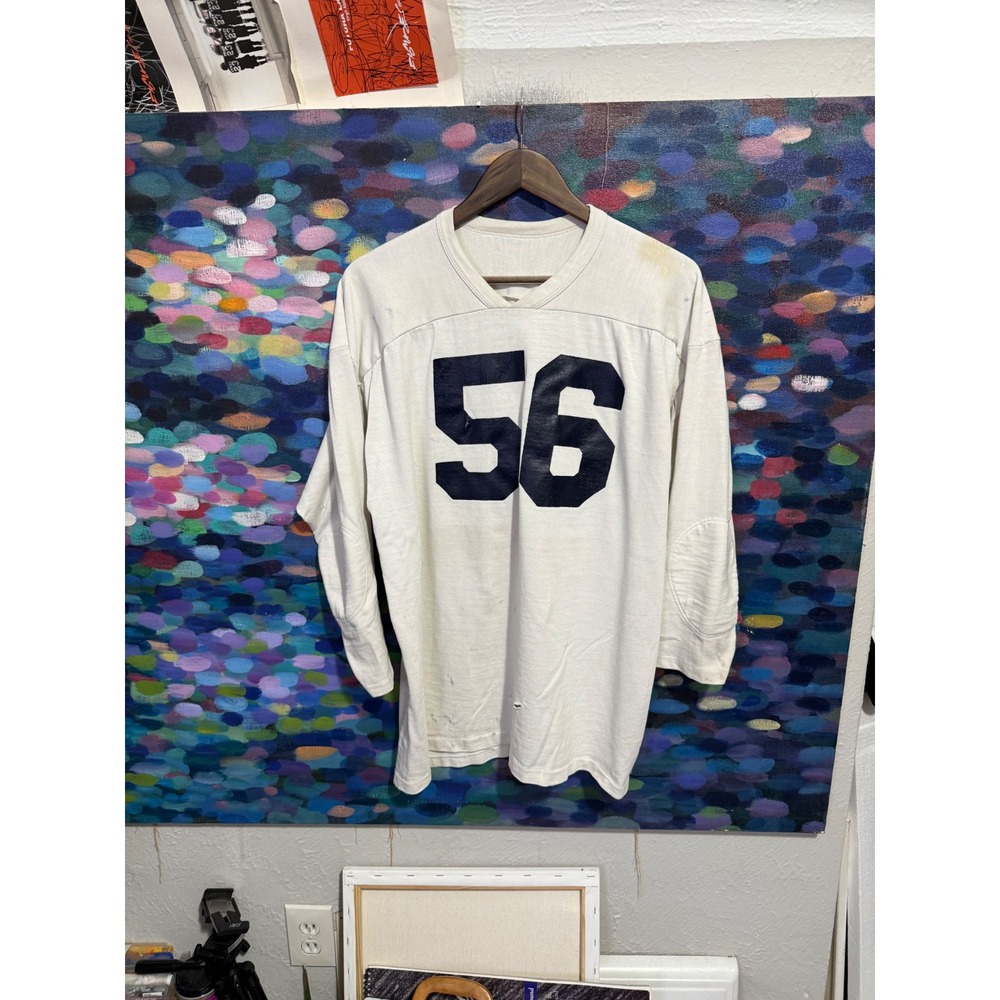 Vintage 60s Distressed Football Jersey Cream Navy 56 Long Sleeve Elbow Patches